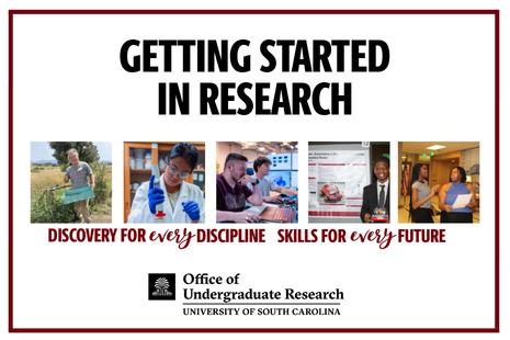 Title slide for a presentation titled "Getting Started in Research." Below the title is a row of five photos showing undergraduate students engaged in research and academic activities, including fieldwork, laboratory research, collaborative work, a student in professional attire, and students at an event. Beneath the photos is the tagline, "Discovery for every Discipline Skills for every Future," with the words every and Future in script font. At the bottom is the logo and text for the Office of Undergraduate Research, University of South Carolina. The slide has a white background with a garnet border.