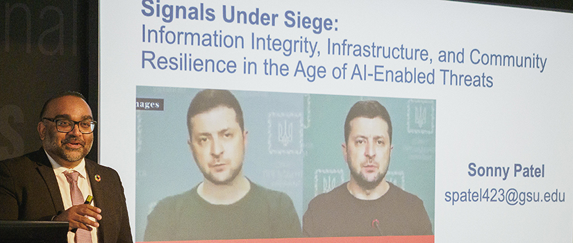 Sonny Patel at a lecturn