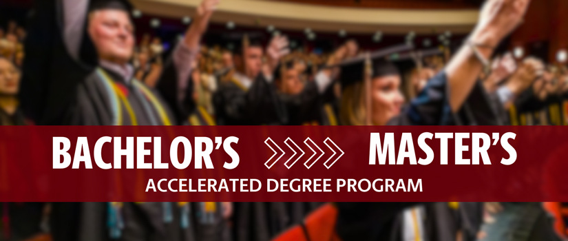 Accelerated bachelor's to master's banner with blurred graduates in background