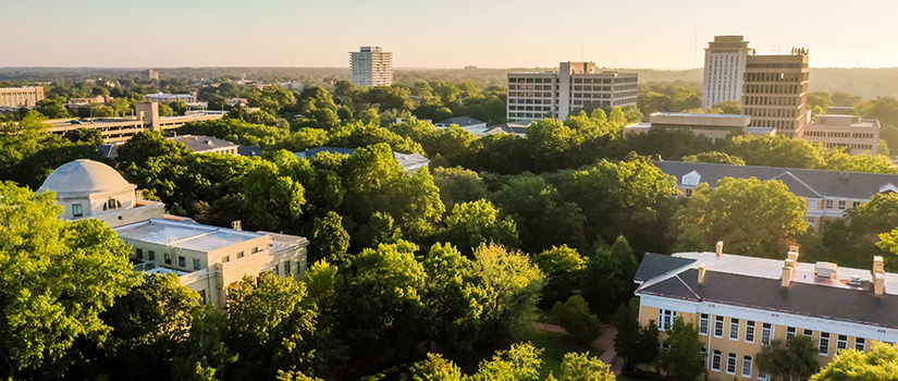 An aerial view of the University of South Carolina that includes the Close-Hipp building, home of HRSM.