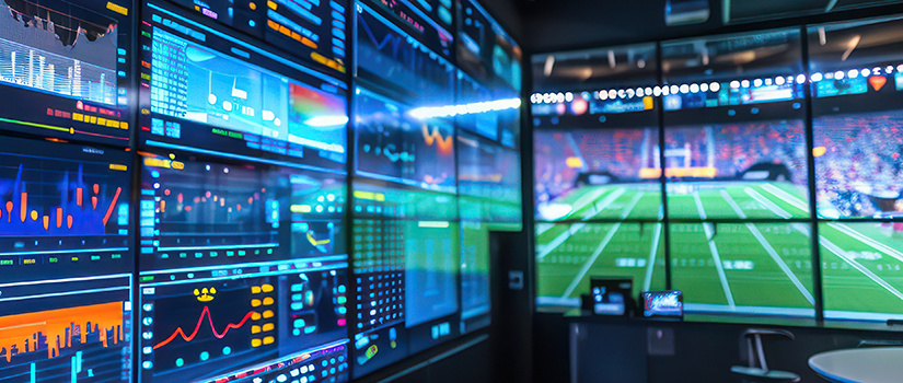 high-tech sports analytics center where coaches and players review performance data on large interactive screens, optimizing strategies in real-time