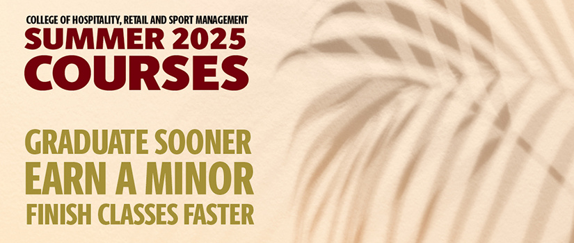 Graphic with a palmetto tree shadow in the background with the text "HRSM Summer Courses, Graduate Sooner, Earn a Minor, Finish Classes Faster"