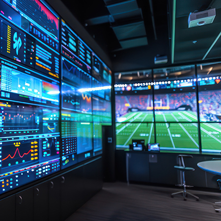high-tech sports analytics center where coaches and players review performance data on large interactive screens, optimizing strategies in real-time